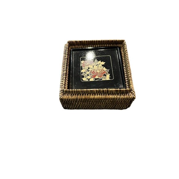 Vintage Japanese 1970’s Lacquerware Coaster Set Black Gold Wicker Coaster & Box - Picture 7 of 8